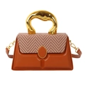 Brown leather crossbody box bag with herringbone fabric flap and artistic gold handle - Brown