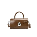 Minimalist brown glossy leather handbag with circular silver buckle and detachable strap - Khaki