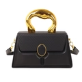 Elegant black contrast texture box bag with creative gold sculptural handle and strap - Black