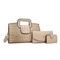 Dettaglio set beige 3 pezzi con borsa a mano coccodrillo e pochette coordinate - Cachi