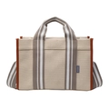 Borsa tote in tela beige minimalista con finiture in pelle marrone e tracolla a righe - Marrone