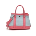 Mini crossbody bag in blue denim with pink leather trim and dual top handles - Denim Patchwork / Blue Pink