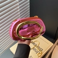 Metallic bright pink evening clutch bag with gold C-shaped handle and chain strap - Deep Pink