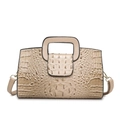 Minimalist beige crocodile pattern tote bag with square cutout handle and shoulder strap - Khaki