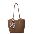 Elegant brown pebbled leather tote bag for women with a decorative floral scarf detail - Brown