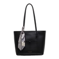 Minimalistische schwarze Leder-Shopper-Tasche mit Seidenschal und Druckknopftasche - Schwarz