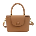 Minimalist camel PU leather crossbody box bag with top handle and round buckle - Khaki