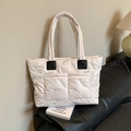 Minimalist white quilted puffer tote bag in shiny waterproof fabric for women - White