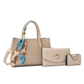 Three-piece beige tote set with litchi texture, floral scarf, and pearl buckle detail - Beige