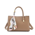 Brown litchi leather tote bag for women with decorative floral scarf on handle - Khaki