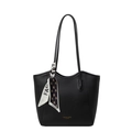 Classic black leather tote bag with lychee texture and decorative bear silk scarf - Black