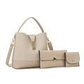 Three-piece set of beige bucket bag and matching purses with golden metal accents - Handbag Wallet Cardholder / Off White