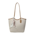 Chic cream leather tote bag with brown trim and decorative silk scarf detail - Off White