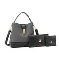 Three-piece gray textured bucket bag set with black trim and gold chain lock - Handbag Wallet Cardholder / Black