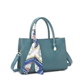 Teal leather tote bag with lychee texture and decorative printed silk scarf on handle - Blue