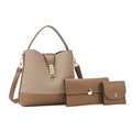 Three-piece women's khaki bucket bag set with fabric stitching and chain lock - Handbag Wallet Cardholder / Khaki