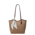 Chic khaki pebbled leather tote bag with brown shoulder strap and decorative scarf - Khaki