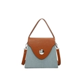 Contrast color box bag with brown leather and blue striped fabric, adjustable strap - Gray