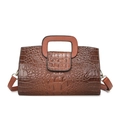 Deep brown crocodile embossed tote bag with rectangular handle and shoulder strap - Brown