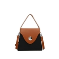 Brown and black contrast stitch crossbody box bag with silver round buckle - Black