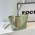 Light green pebble leather tote bag with fashion scarf handle and logo detail - Green