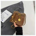 Brown crocodile embossed bucket bag with gold camellia detail and chain strap - Brown