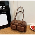 Borsa tote vintage marrone caffè in ecopelle con doppie tasche frontali e grande capacità - Marrone