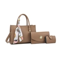 Set borse da donna 3 pezzi in ecopelle color cuoio con foulard di seta e dettaglio perla - Cachi