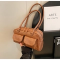 Borsa a mano retrò marrone con doppie tasche anteriori e manici lunghi in finta pelle - Marrone