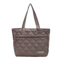 Taupe large capacity quilted tote bag with rhombus pattern and stylish brand label - Gray