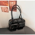 Borsa bowling vintage nera lucida con doppie tasche anteriori e cerniere dorate - Nero