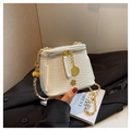 Chic white crocodile embossed chain bucket bag with elegant gold flower charms - White