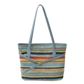 Kleurrijke gestreepte geweven shopper met blauwe hengsels en gouden gesp op wit decor - Blauw (Meerkleurig Gestreept)