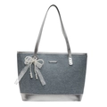 Grijze denim shopper met zilveren lederen details en witte kanten strik decoratie - Zilver