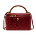 Deep red quilted leather bucket bag with gold handle and floral detail on white background - Red