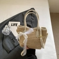Grand sac seau en paille avec nœud en dentelle et perles pour plage ou bureau - Blanc Sans Pendentif