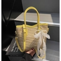 Sac seau en paille jaune avec nœud en dentelle et perles pour plage ou quotidien - Jaune sans pendentif