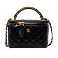 Black quilted leather bucket bag with gold circular handle and floral charm accessory - Black