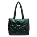 Dark green quilted puffer tote bag with glossy nylon finish and shoulder strap for women - Green