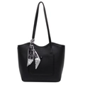 Grande borsa tote in pelle nera con sciarpa di seta e dettaglio tasca frontale - Nero