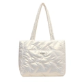 Quilted down cotton tote bag in beige with fashion label and padded shoulder straps - White