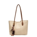Sac fourre-tout beige minimaliste avec anses marron et charm de sac lapin en peluche - Sans Pendentif / Blanc Cassé