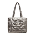 Quilted silver-grey metallic tote bag for women featuring V-shaped puffer stitching detail - Gray