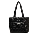 Black quilted puffer tote bag with V-shaped stitching and fashion label detail - Black