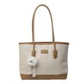Bolso tote beige con ribete de cuero marrón y un llavero de peluche blanco suave - Caqui Blanco