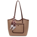Grande borsa tote marrone trama litchi con sciarpa decorativa in seta rossa a fiori - Cachi