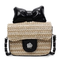 Handmade woven straw crossbody bag for girls with a large black bow and floral metal buckle - Black