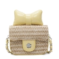 Mini straw crossbody bag for girls featuring a large yellow bow and silver floral clasp - Yellow