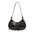 Borsa a spalla retrò in pelle lucida nera con cerniere dorate e dettagli biker chic - Nero