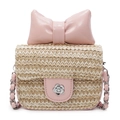 Mini straw crossbody bag in beige with a pink leather bow and flower twist lock - Pink